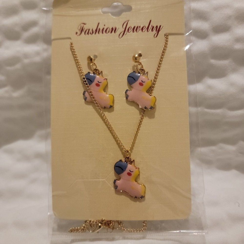 Fashion Jewelry Girls Multicolor Unicorn Charm Necklace With Earring Set